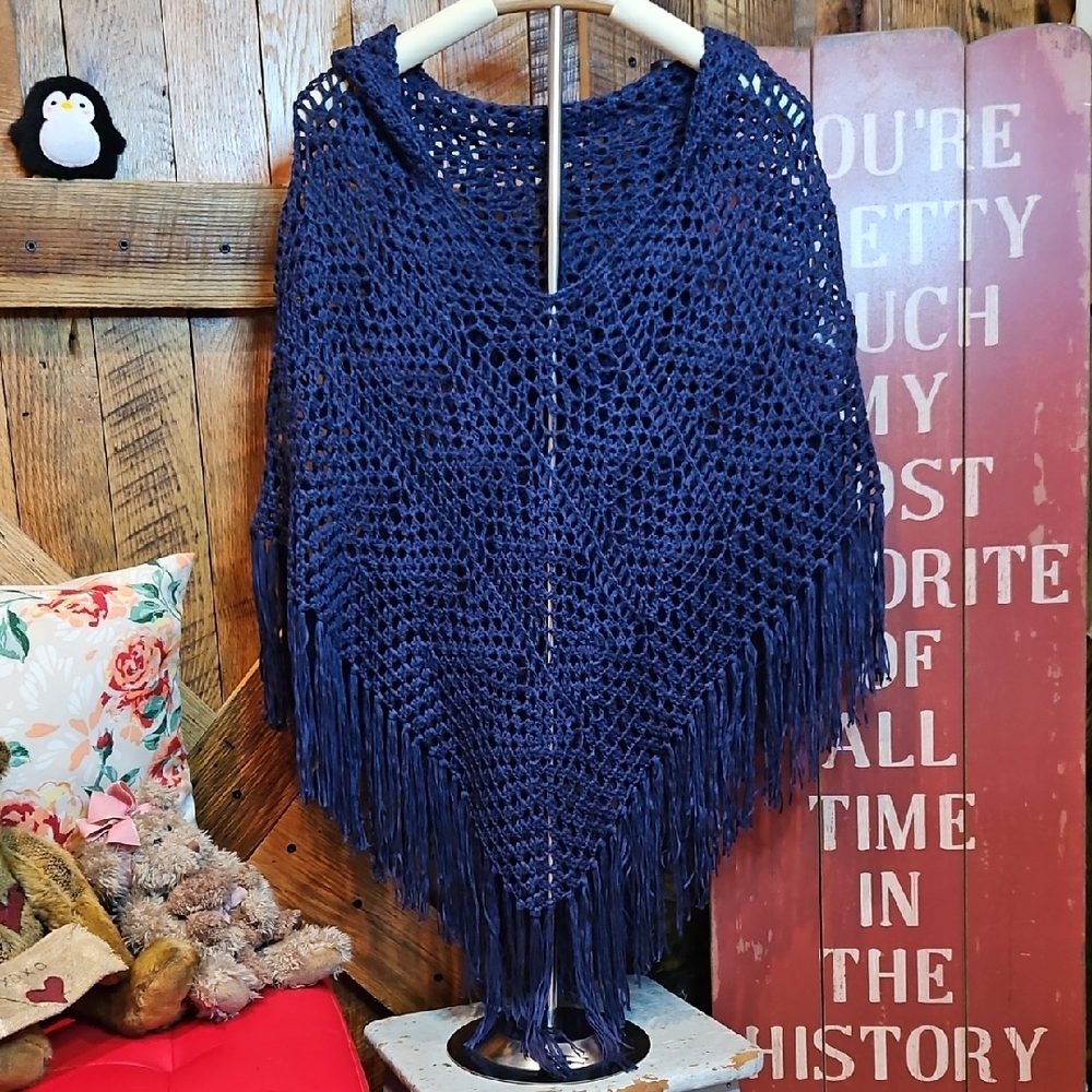 048 Pol Navy Blue Crochet Poncho with Fringe